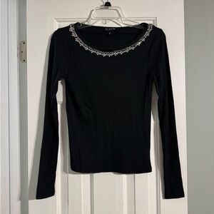 J. Crew Black Long Sleeve Top with Embellished Neckline
